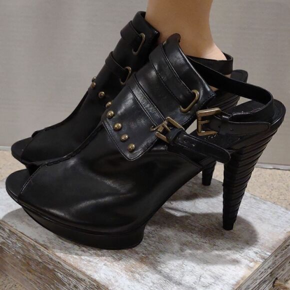 👍 Vintage  B Makowsky Black Studded Platform Heels Size 10 Dominatrix Dance  A8 - Picture 2 of 7